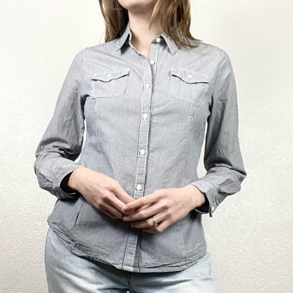 Tommy Hilfiger Grey & White Pinstriped Long Sleeve Button Up Shirt
